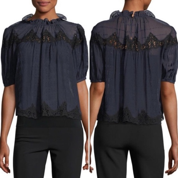 Rebecca Taylor 100% Silk Clip Mix Top 6 navy blue black lace sheer puff sleeve - Picture 12 of 12